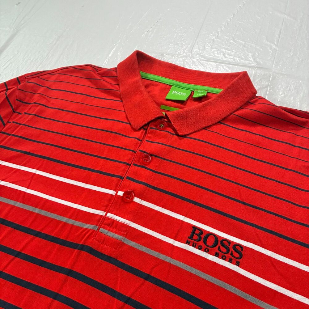 Hugo Boss Polo Shirt Mens XL Orange Paddy Regular Fit Cotton Casual Golf Striped